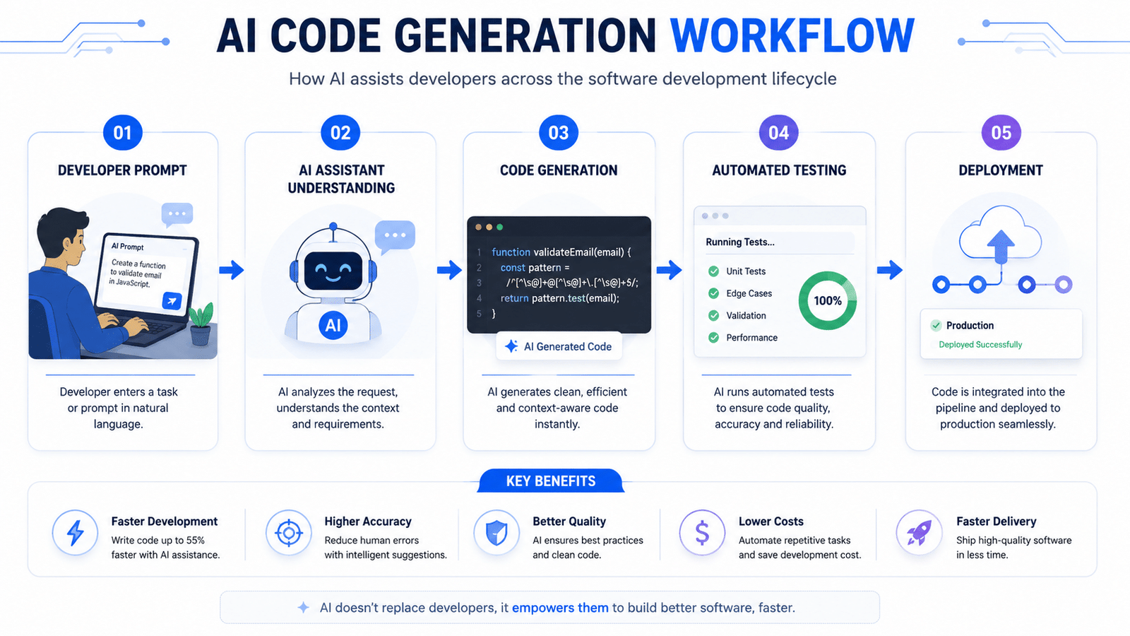 AI code generation workflow infographic showing how AI assists developers from prompt understanding and code generation to automated testing and deployment.