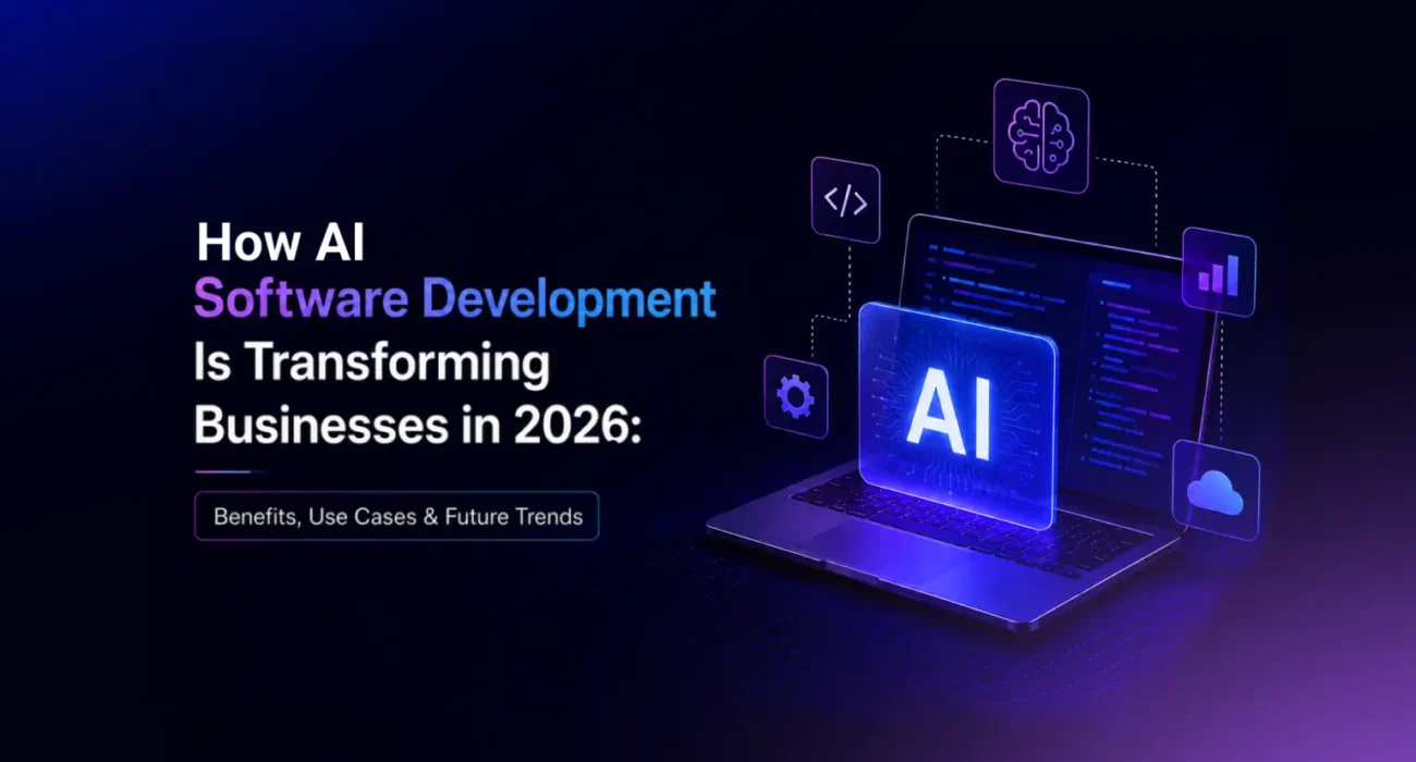 Futuristic AI software development image showing a laptop with glowing AI technology icons, code panels, and business transformation theme for 2026.