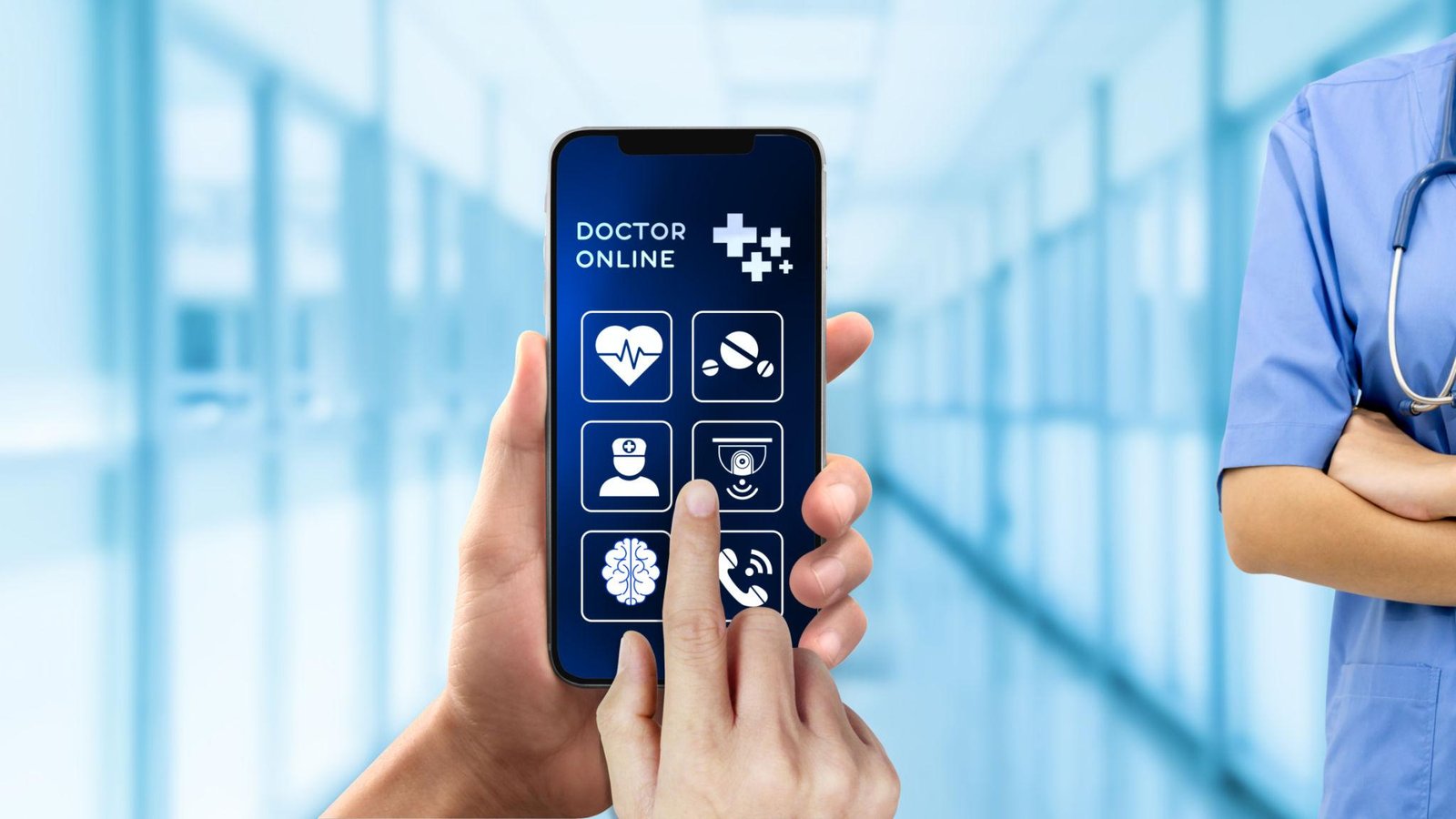 Healthcare mobile app development concept showing a doctor online app on a smartphone in a hospital setting